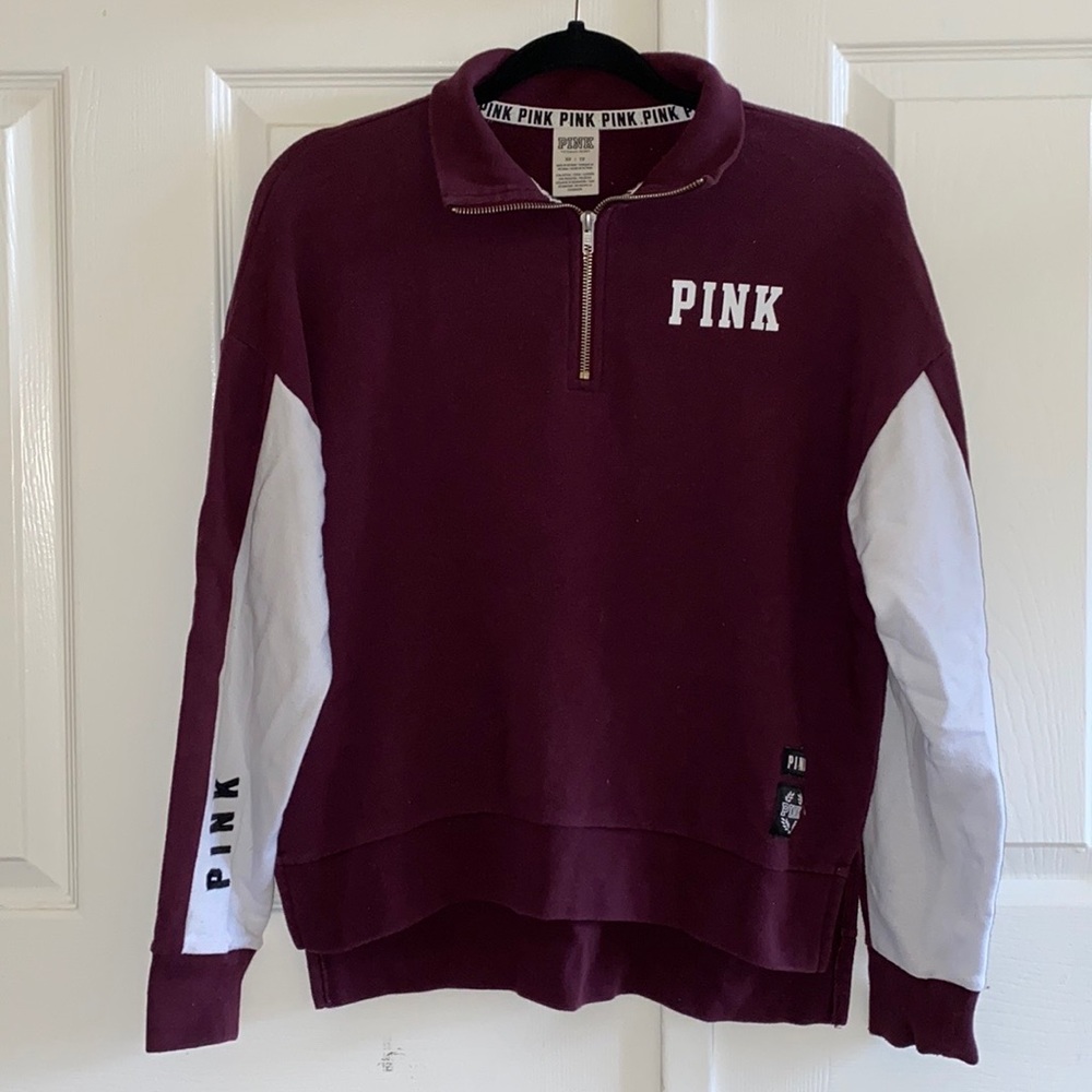 NWOT PINK VS Burgundy and White Quarter Zip Sweater